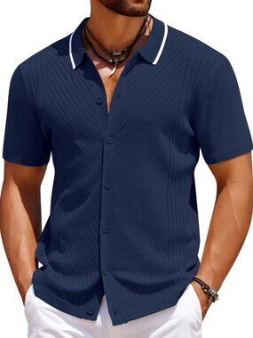 Men’s Medieval Blue Knit Short Sleeve Button Down Vintage Polo Summer Shirt